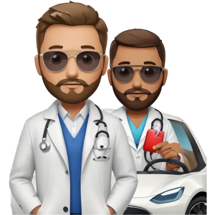 White tesla model 3 and one cool physician with dark blond hair, beard, stetoscope and dark sunglasses next to it emoji