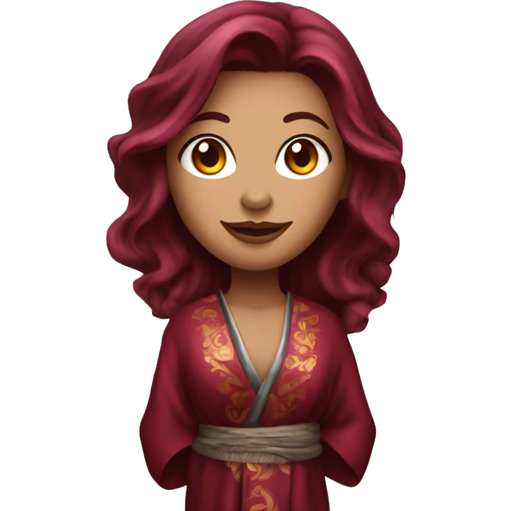 Beautiful tattooed burgundy long haired woman in silk robe emoji