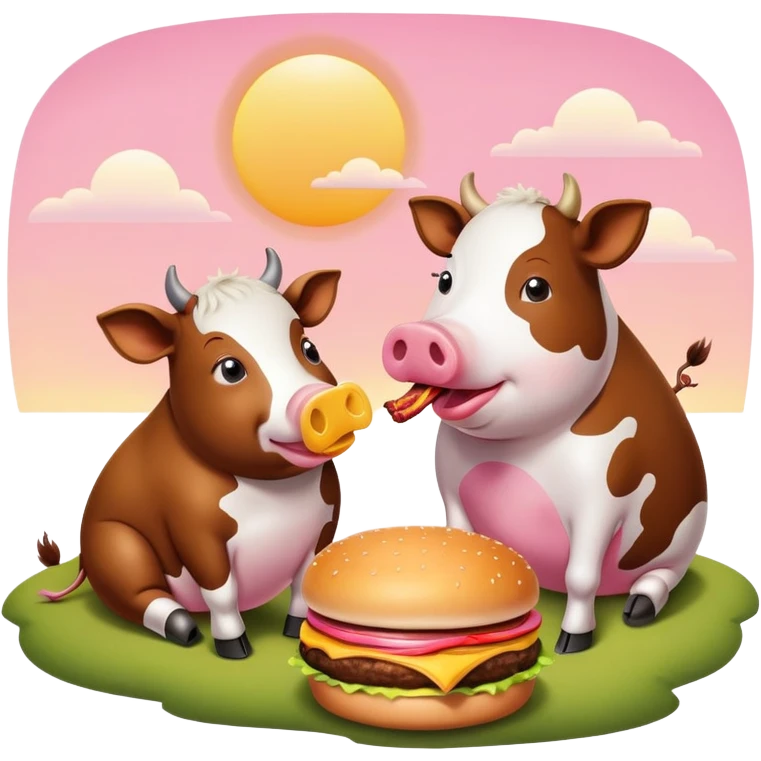 Cow eating a cheese burger sitting next to a pig eating a piece of bacon while watching the sunset emoji