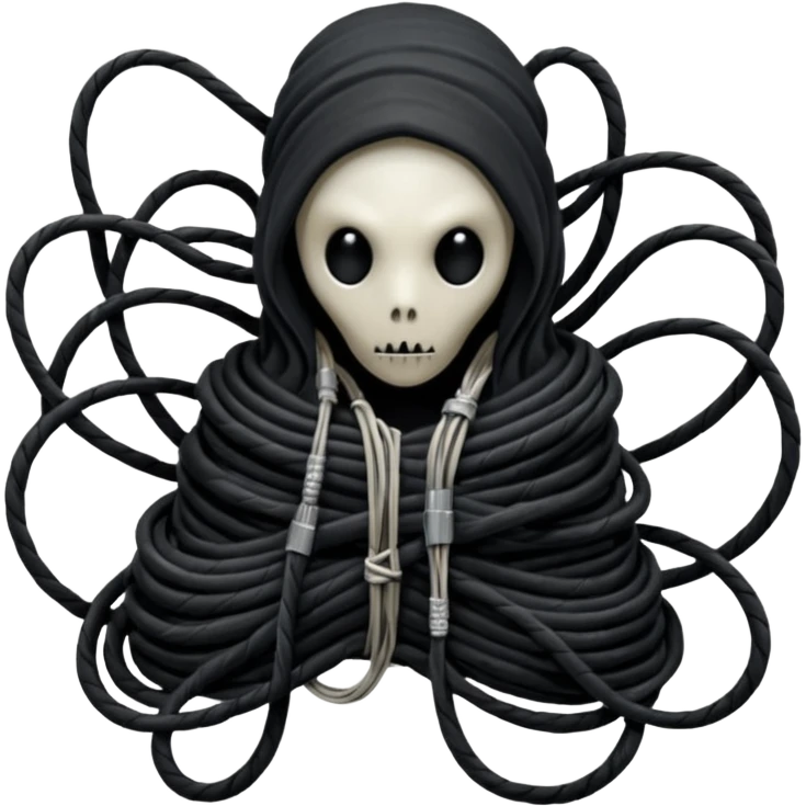 tangled black cables creating an occult creature covered in black rags and bondage, Giger style emoji