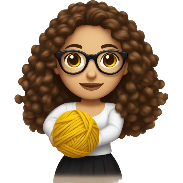 very pretty Hispanic woman that has long brown curly hair holding one ball of yarn with both hands wearing a black shirt and black glasses emoji