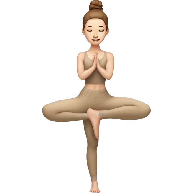 Pale skinned fit women in a beige tight yoga suit and wristbands with brown hair in a bun doing yoga emoji