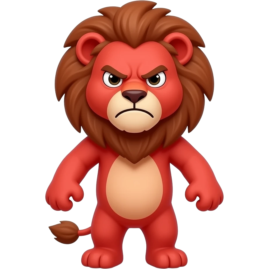 A little red lion standing up with legs and arms, looking at us with a very frustrated expression. The lion's body is completely red. emoji