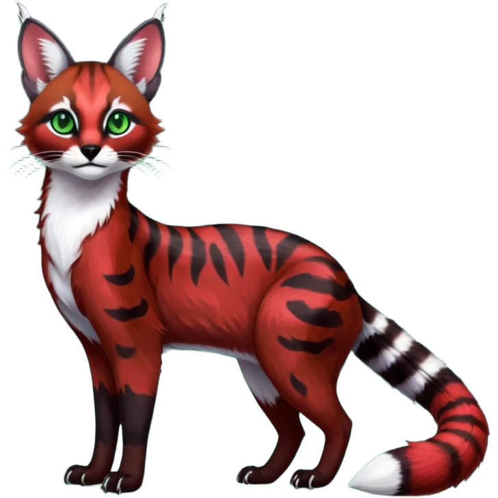 Colorful dark tropical sanguine-red, black, white fur, with green eyes, iridescent glorious divine exotic cute cool beautiful shiny beautiful fantasy-caracal-civet-genet-sergal-vernid-Cacomistle-oncilla-animal-Fakémon-hybrid-fursona with pattern markings (full body) emoji