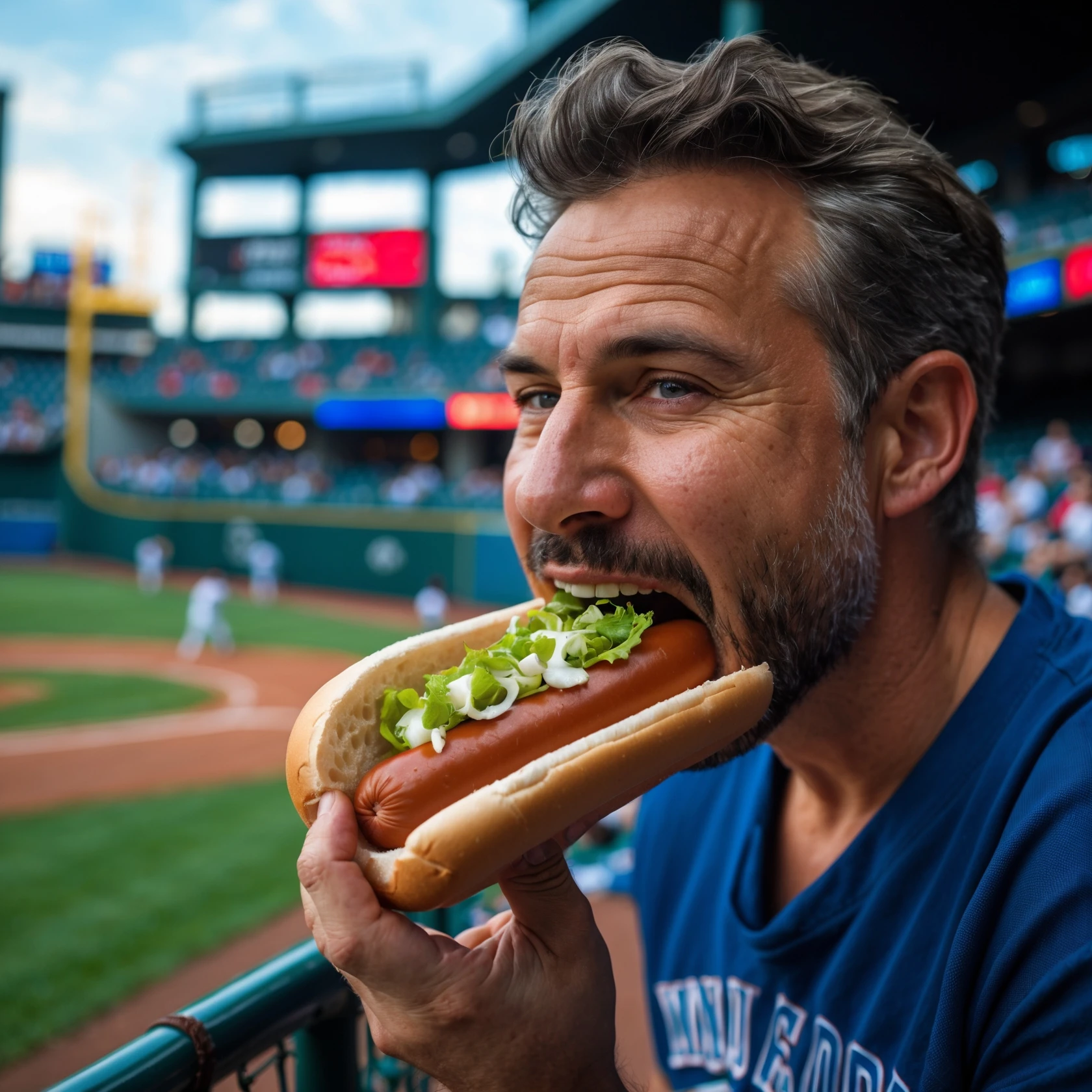 man eating a hot dog at a baseball game emoji