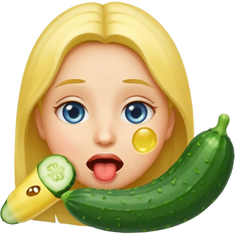 I want a girl emoji, blushing, blue eye, drooling a bit because she has a full cucumber in her mouth. I want her to chock a bit on it but still enjoying. The cucumber is in her mouth and it a traditional yellow emoji emoji