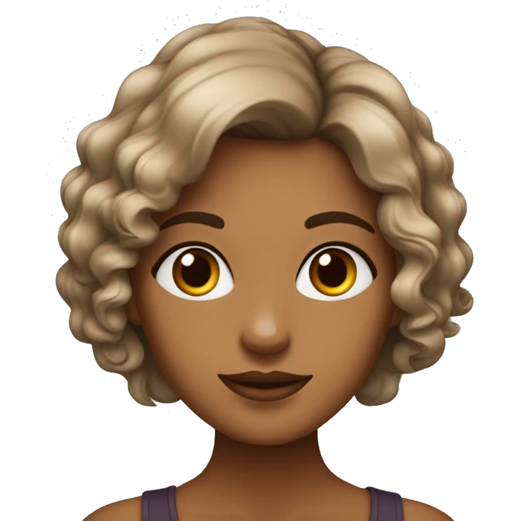 Mulher morena, com cabelo castanho escuro cacheado abaixo dos ombros, olhos grandes e levemente puxados com cor castanho escur emoji