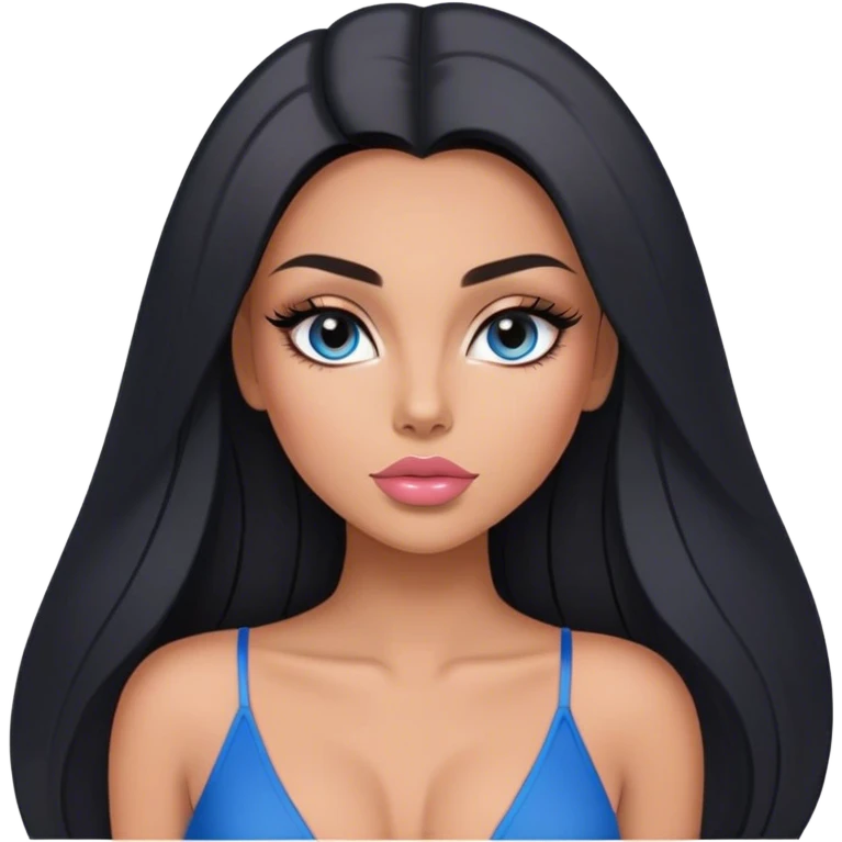 Glamours, tanned, very beautiful girl, with big pump peach-beige-rose lips, long lashes, black straight smooth silky long hair, straight parting hair, blue-grey eyes, in black v-neck bodysuit emoji