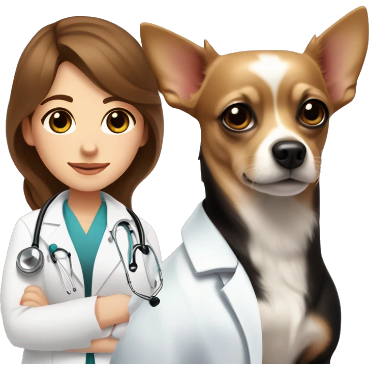 Veterinary doctor white woman with long brown wavy hair and brown eyes, wearing a white coat , a pink stethoscope around neck and standing next to a solid black colored chihuahua dog  emoji