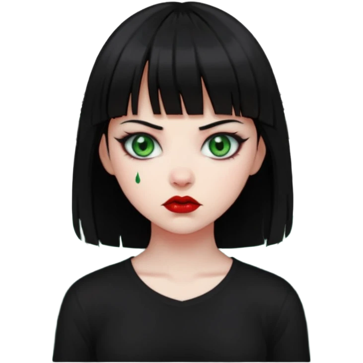 Guria com cabelo preto franjinha sangrando olhos verdes  fundo preto e um piercing bridgepiercing emoji