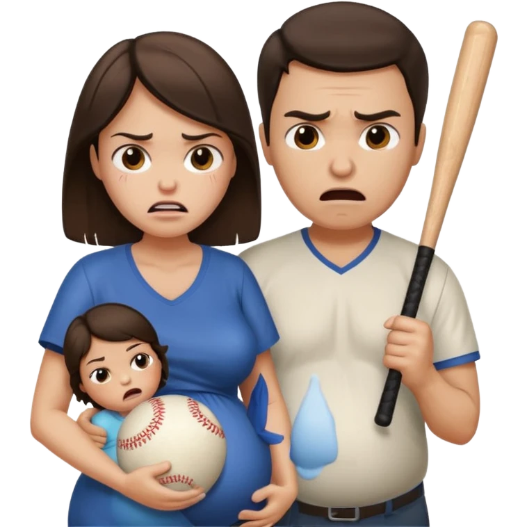 A angry brunette man holding a baseball bat towards a brunette pregnant woman who is crying emoji