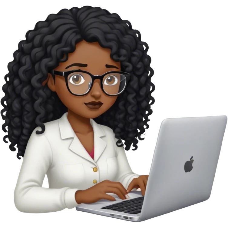 Black girl pretty with glasses and long curly hair black trying to work on laptop emoji