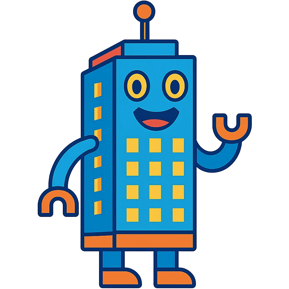 a smiling robot with a body shaped like a skyscraper emoji