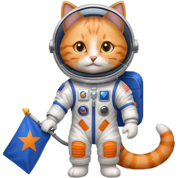 a cat in space suit, holding blue rectangle flag emoji