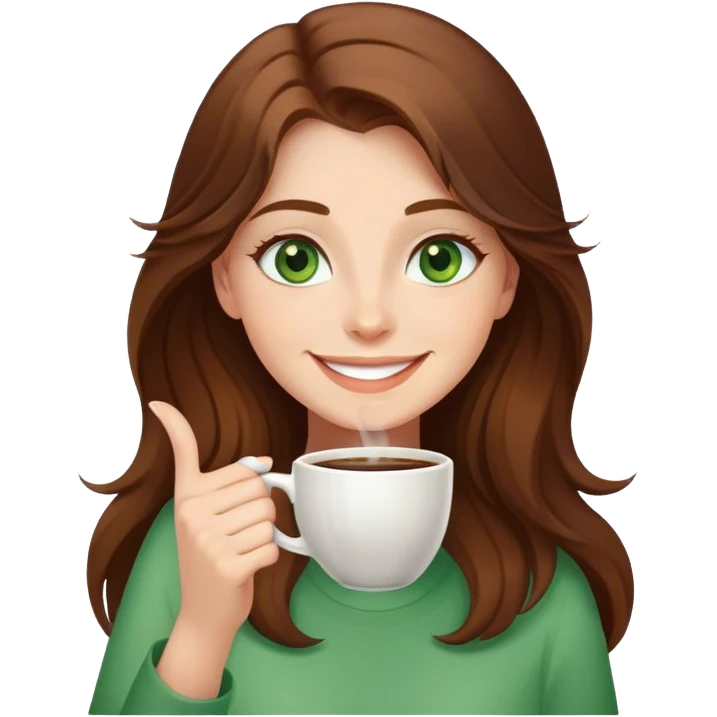 Long, Brown haired girl with green eyes drinking coffee, smiling and waving emoji