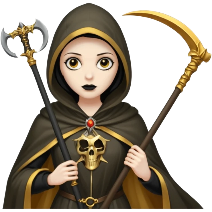 woman grim reaper in a gold cloak with scythe emoji