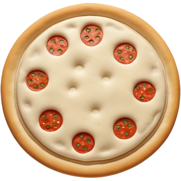 round flattened disc of raw pizza dough with soft smooth surface slightly uneven edges pale beige color light flour dusting subtle air bubbles supple stretchy appearance no sauce no toppings no tools soft lighting subtle shadows emoji scale emoji