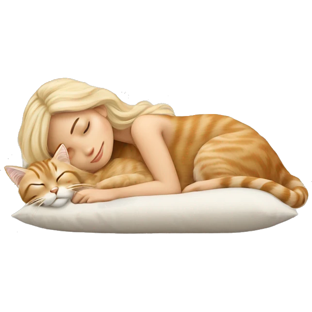Pretty blonde girl sleeping with her beige main coon cat on pillow emoji