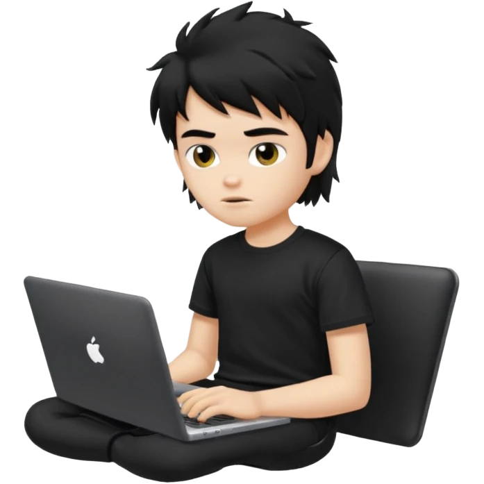 generate a pretty fair bratz boy with a messy mullet (black hair), wearing a black tshirt. Using his laptop emoji