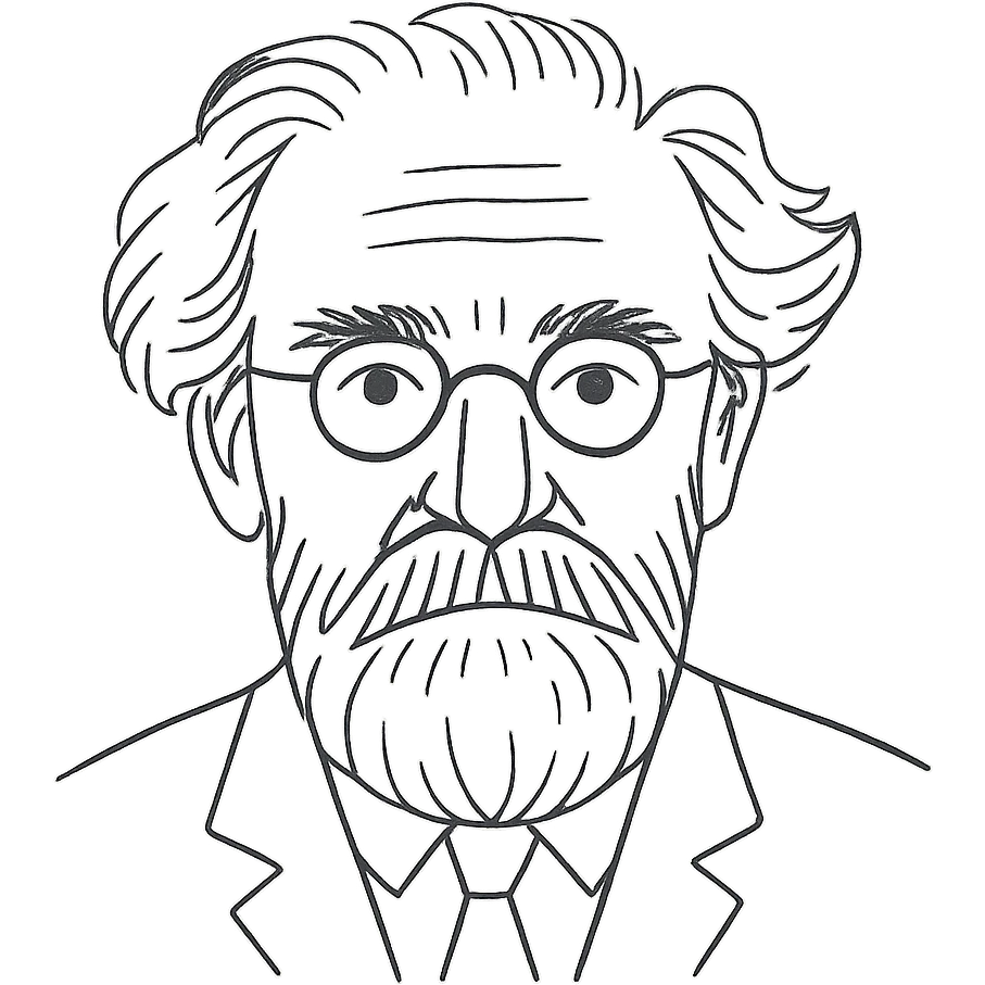 a hand drawn black outline portrait of philosopher Gaston Bachelard with similar-sized eyes based a famous portrait of him, with less messy hair emoji