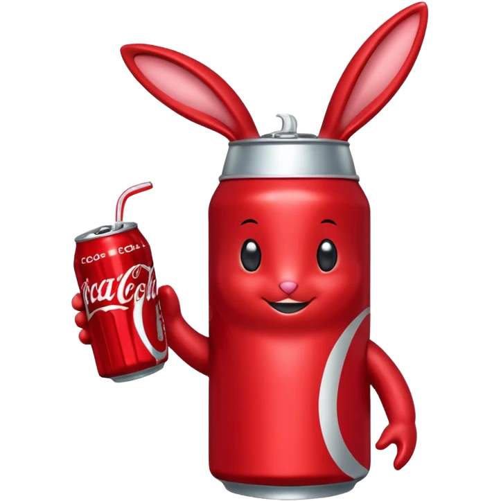 Red soda can as its head and a body resembling a bottle can . The can has large, friendly eyes and a smiling facial expression. The character’s bunny long ears are also red, and it has sliver accents on either side. The body displays the Coca-Cola logo prominently. emoji