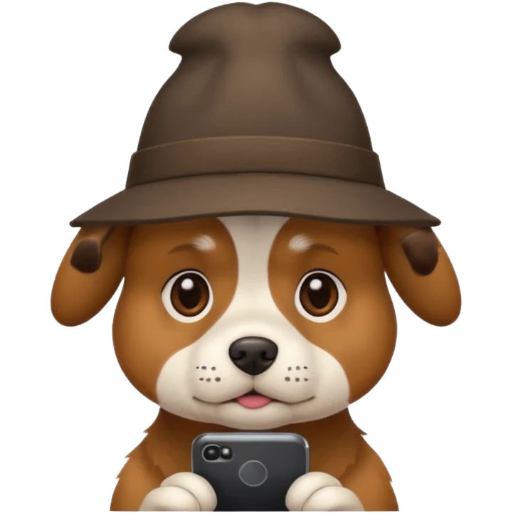 dog with a hat who is sad at his mobile phone emoji