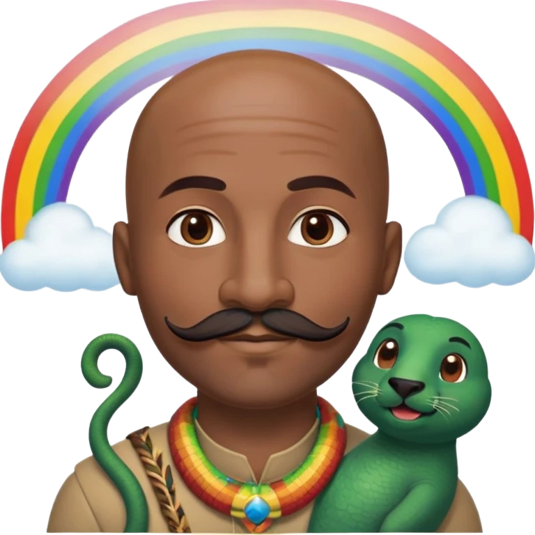 Oxumarê as a happy 37-year-old bald man with very dark skin tone, smooth oval head, indigenous facial features, mustache with circular beard only on chin (no hair on sides), a round mole on the right side below the lip, accompanied by a rainbow serpent, Memoji style emoji