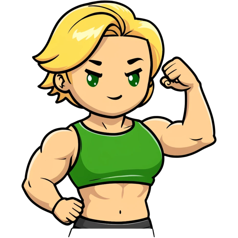 muscular white girl with blonde hair and green eyes, flexing 6 pack abs and one arm bicep emoji