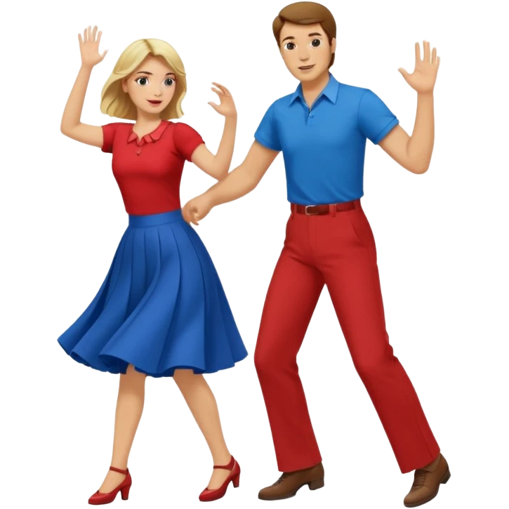 Two people. Man in red shirt and  red pants with brown hair. Women in blue shirt and long skirt with blond hair. Swing Dancing emoji
