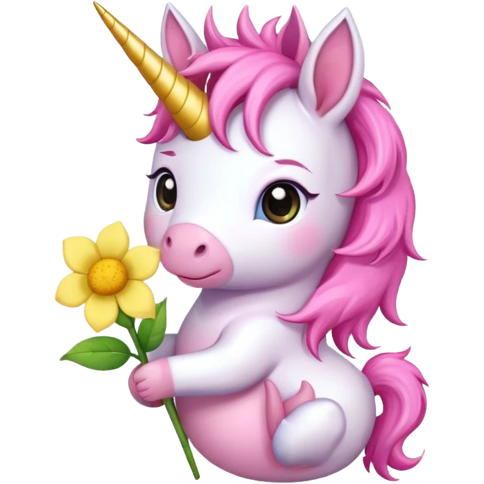 Cute happy anime style pink baby unicorn holding a flower 
 emoji