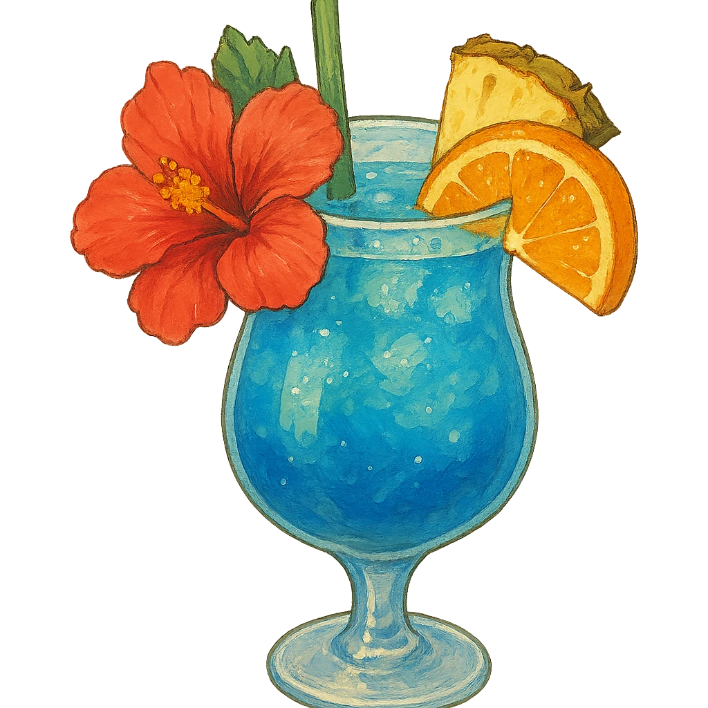 vibrant tropical fruity blue cocktail with hibiscus, pineapple and orange garnishes emoji