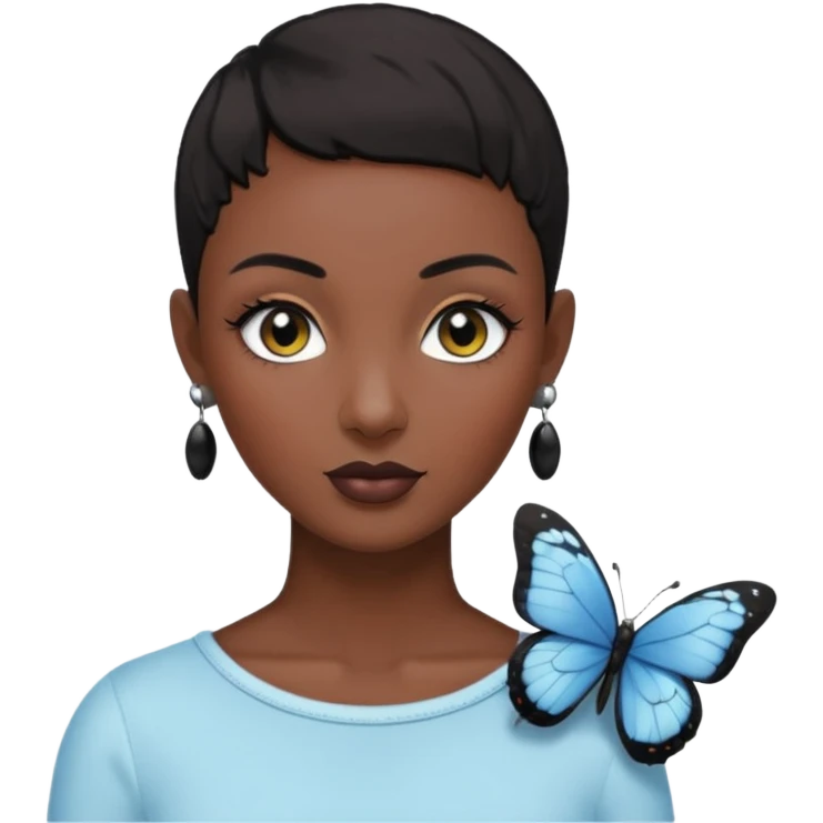 Lady with black buzz cut hair and lashes wearing 4 black earrings holding white butterfly emoji