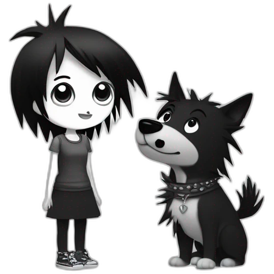 a dog and a girl with black spiky hair looking at each other in style of ((sarah andersen)), black and white emoji