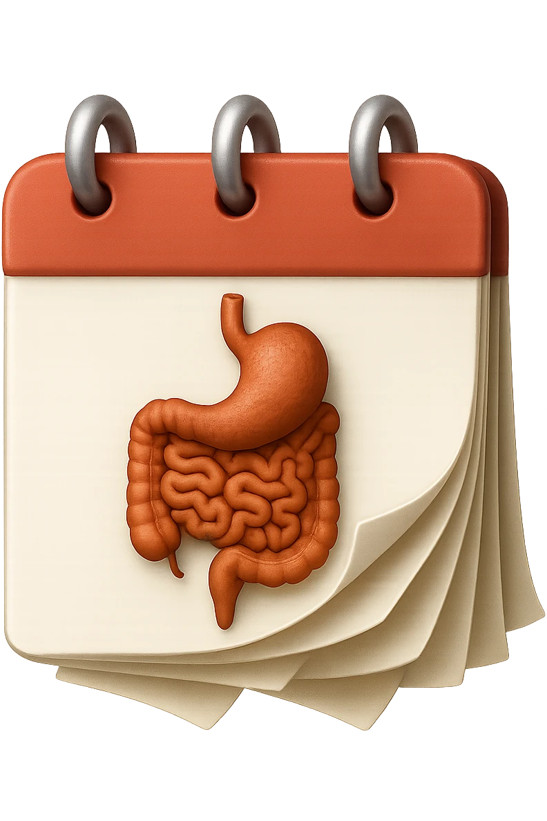 emoji stile iphone di un calendario con fogli che volano insieme a pezzi anatomici di colon umano, iperrealistico 4k, isolato su sfondo bianco emoji