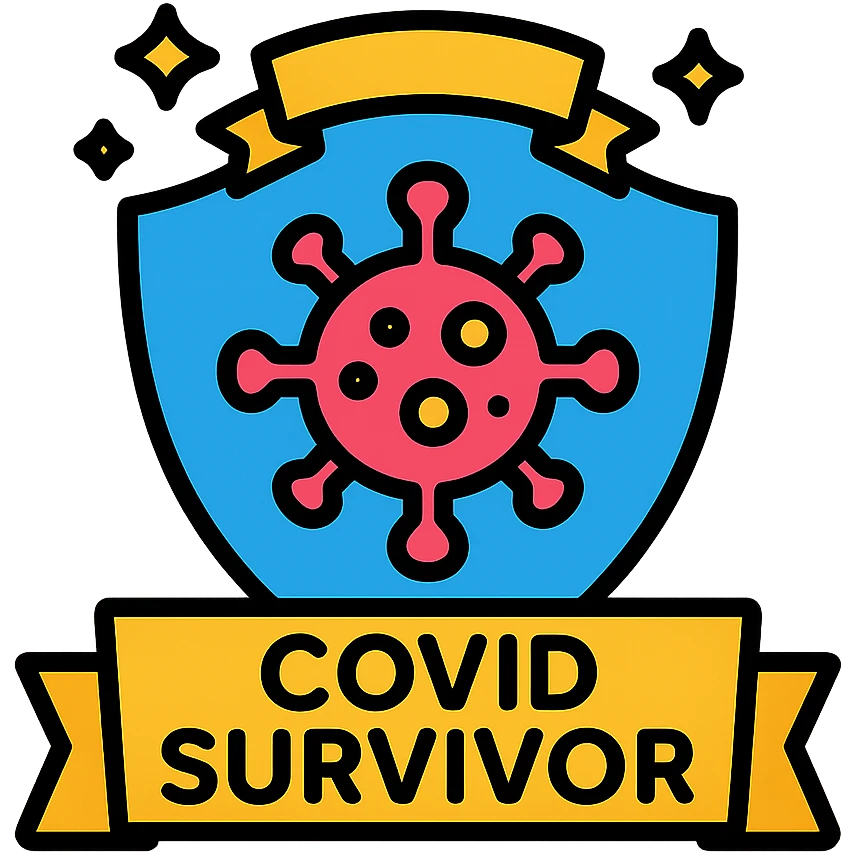 colorful badge icon with a shield and virus symbol, text 'COVID Survivor', celebratory style emoji