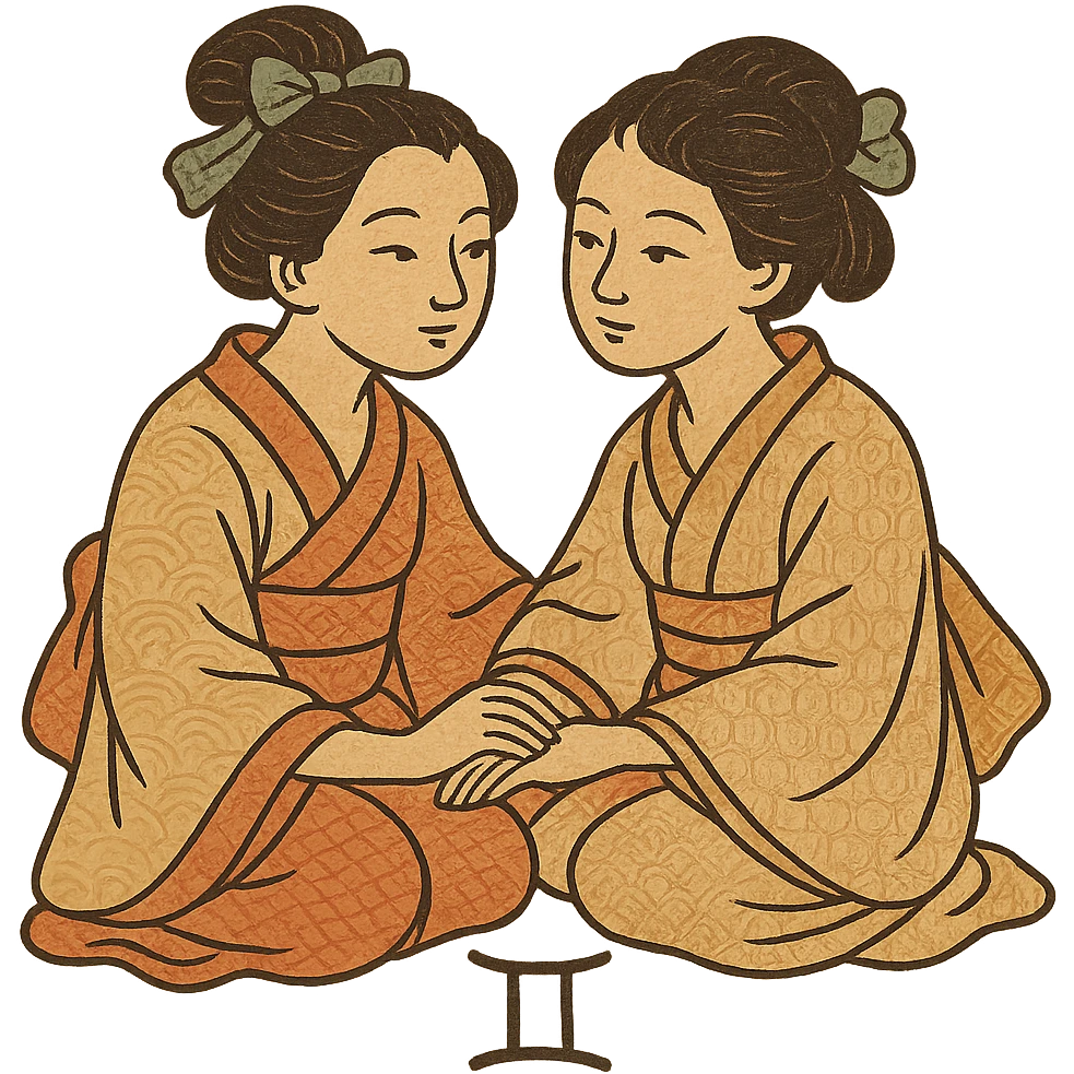 ukiyo-e style gemini twins, traditional Japanese illustration emoji