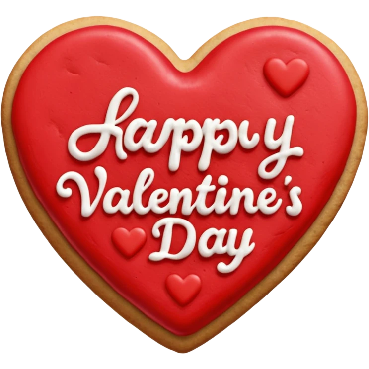 Heart-shaped cookie with red icing emoji, write 'happy valentine's day' on top of the red icing in white icing emoji
