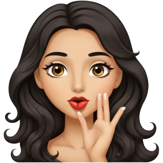 woman with olive skin, brown eyes and long lashes, and long black wavy hair blowing a kiss emoji