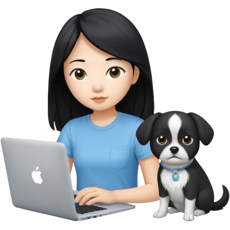Asian girl with long black hair, wearing a light blue t-shirt, working on an Apple laptop, beside a small black and white dog emoji