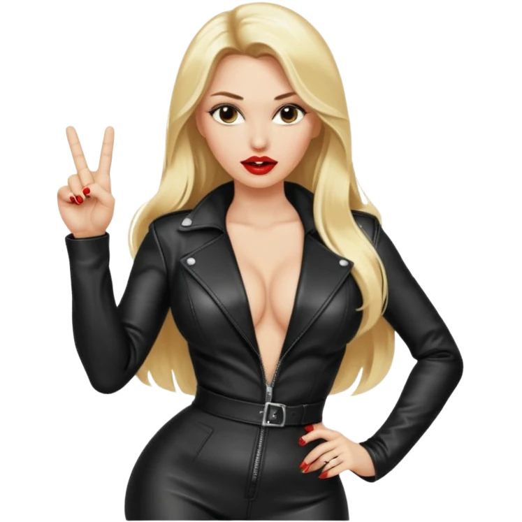 a hott good looking blonde with large breasts, red lips, and long blonde hair with leather sexy outfit and leather high heel boots and she is saying fuck you by giving the universal sign with her middle finger emoji