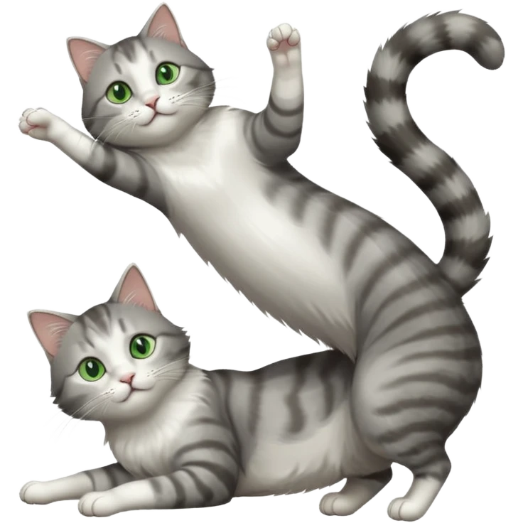 grey and white cat with green eyes doing a big extremely long stretch reaching up into the air with arms and legs side by side together straight and overextended whilst lying on its side emoji