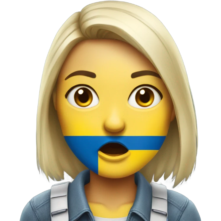 super-realistic angry female Ukrainian holds the ukranian flag emoji
