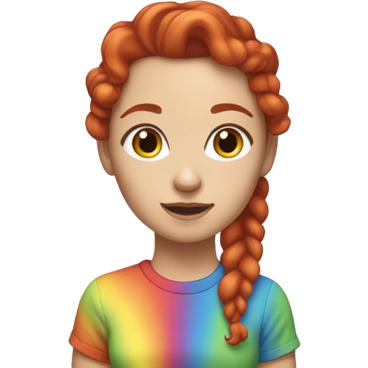 "A white woman with lengthy red curls in a ponytail, wearing a rainbow cat shirt, being cute." emoji