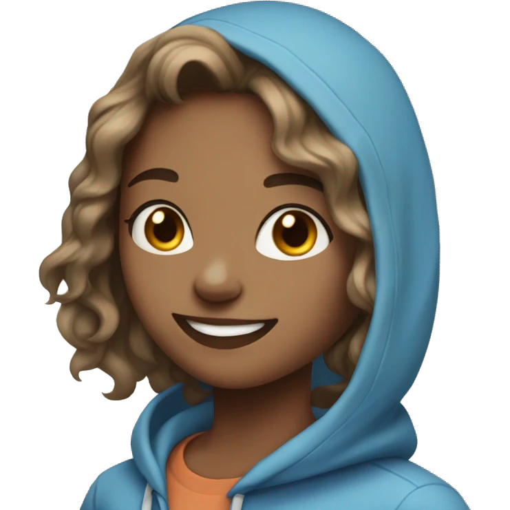 girl with shoulder length wavy hair and brown eyes smiling in a blue hoodie emoji
