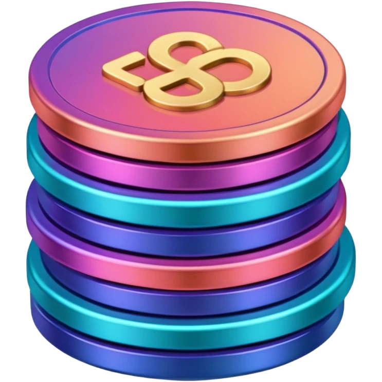 Many Coins pack stack
in gradient of turquoise, blue, pink, purple, and coral
 emoji
