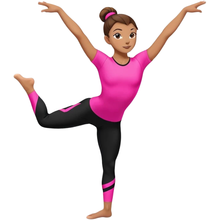 A female gymnast with brown hair in a neat bun, wearing black leggings and a T-shirt with neon pink elements, performing an acrobatic move. emoji