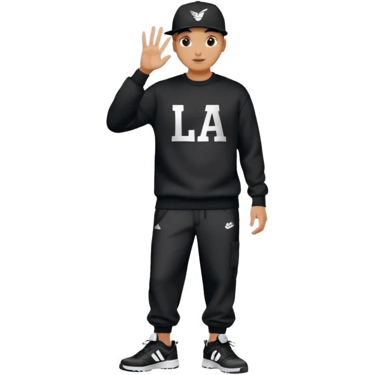 Crea Un Emoji De Cuerpo Completo Que Sea Hombre Con Corte Alucin Que Tenga Gorra Nike, Suéter Negro Que Tenga La Letras LA El La Parte Del Corazón, Zapatos Adidas Con Una Palomita✅, Pantalón Ancho O Bellaco Con Unos Diseños De Palomas Blancas Y Asiendo Una Pose Con Su Mano Que Sea Está 🤙🏽. emoji