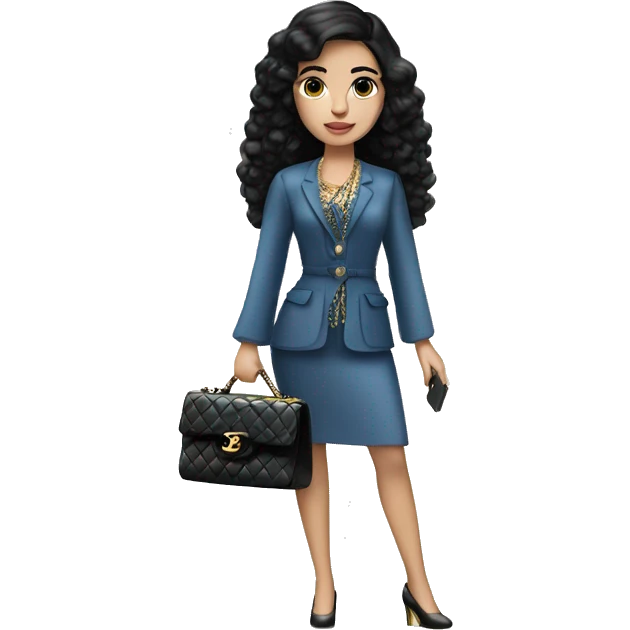 Spanish girl,black hair,blue eyes,standing,fashionably dressed,carrying a chanel bag emoji