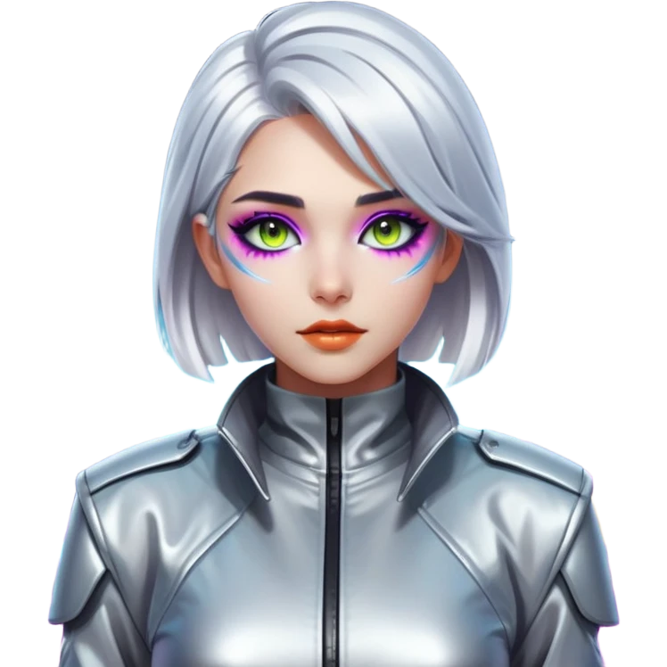 A half-body shot of a young woman with silver hair and strikingly sharp features. She’s wearing futuristic makeup and a metallic jacket, standing against a neon-lit urban background emoji