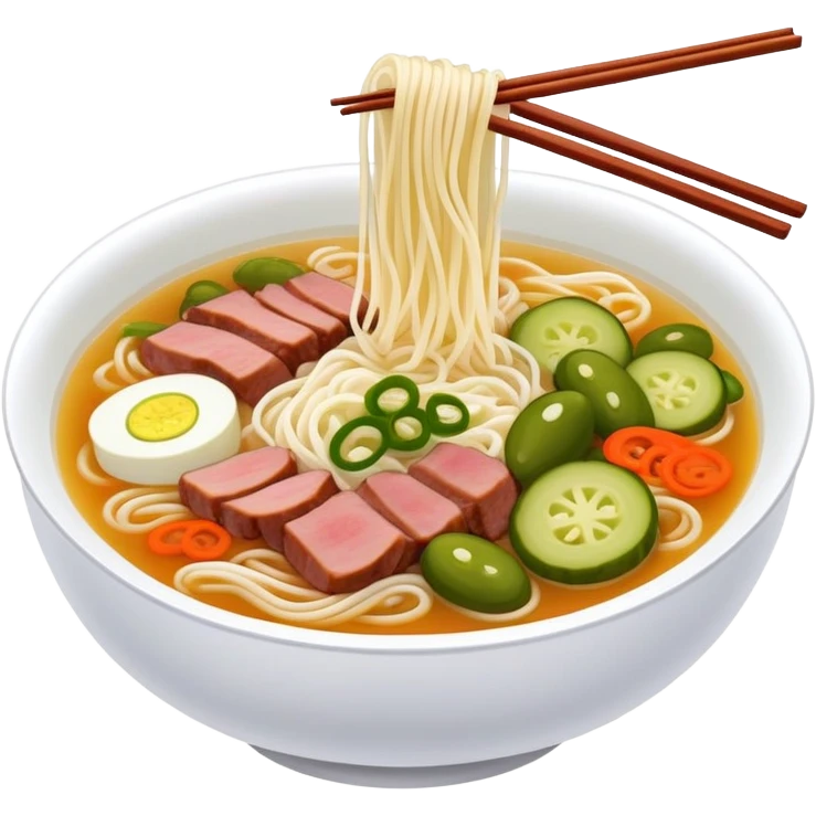 Guilin rice noodles with pickles and meat in soup, simplified emoji style with bold outlines and bright colors, cartoon style Guangxi specialty Mi Fen emoji